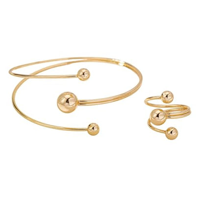 Rrdaily Layered Gold Plated Sphere Spiral Bangle Rings Set for Women,Open Twisted Geometric Wrist Cuff Bracelets Punk Party Accessories Trendy Jewelry Present