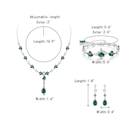 Teardrop Marquise Cubic Zirconia Wedding Prom Jewelry Set for Women Bridal | Silver/Gold/Rose Gold Plated, Pear Cut Pendant Necklace Drop Earrings Link Bracelet, for Bride Bridesmaid, for Banquet Party - style: A_Three Set, Green
