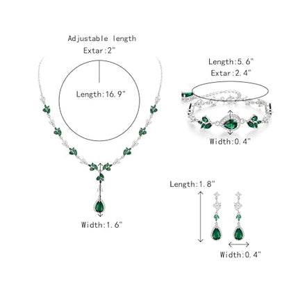 Teardrop Marquise Cubic Zirconia Wedding Prom Jewelry Set for Women Bridal | Silver/Gold/Rose Gold Plated, Pear Cut Pendant Necklace Drop Earrings Link Bracelet, for Bride Bridesmaid, for Banquet Party - style: A_Three Set, Green