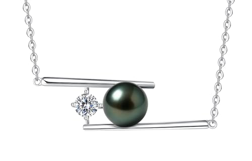 Genuine Tahitian Black Pearl Necklace for Women, 9-11mm AAAA Seawater Pearl with Sterling Silver Moissanite Pendant, Jewelry Gift for Wife, Mom, Girlfriend, Wedding Anniversary, Birthday, Christmas - size: 9-10mm, style: Asymmetric Bar Design