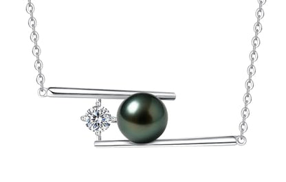 Genuine Tahitian Black Pearl Necklace for Women, 9-11mm AAAA Seawater Pearl with Sterling Silver Moissanite Pendant, Jewelry Gift for Wife, Mom, Girlfriend, Wedding Anniversary, Birthday, Christmas - size: 9-10mm, style: Asymmetric Bar Design