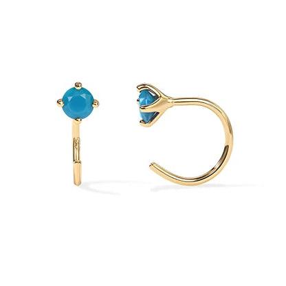 PAVOI 14K Gold 925 Sterling Silver Huggie Half Hoop Earrings for Women | Tiny Boho Colored Cartilage Earring | Blue, Green, Amethyst, Garnet, Black CZ, Turquoise, Opal, Pearl - style: Turquoise