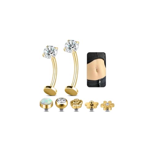 Belly Button Ring Set for Women, 14G 316L Steel Internally Threaded Navel Rings with Interchangeable Tops Opalite, CZ Star, Flower, Ball, 8-14MM Floating Cute Belly Piercing Jewelry Gold Silver - style: Gold - 14G（1.6mm）- 12/14mm