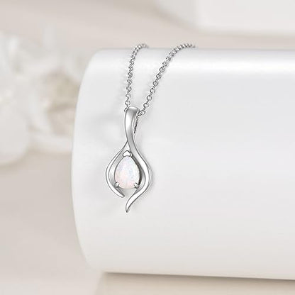 VONALA Sterling Silver Necklace Moss Agate/Turquoise/Larimar/Aquamarine/Opal/Black Onyx/Rose Quartz/Moonstone Pendant Teardrop Necklace Jewelry Gift for Women - style: Opal