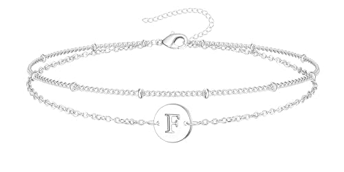 Inerney Personalized Gold Initial Bracelets for Women - Dainty 14K Gold Plated Layered Disc Monogram Charm Bracelet, Customizable A-Z Letter Jewelry Gift for Her - color: F, size: 8.5 inches silver