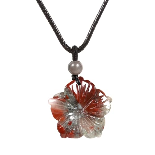Justinstones Hand Carved Healing Crystals Gemstone Hawaii Flower Pendant Hand Weaving Wax Rope Necklace 22 inch - color: African Bloodstone
