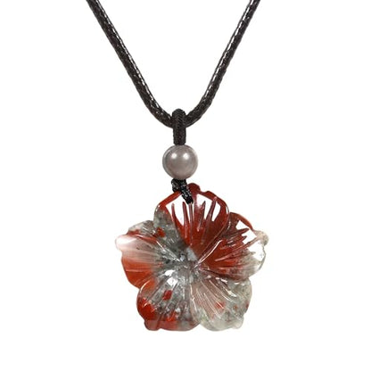Justinstones Hand Carved Healing Crystals Gemstone Hawaii Flower Pendant Hand Weaving Wax Rope Necklace 22 inch - color: African Bloodstone
