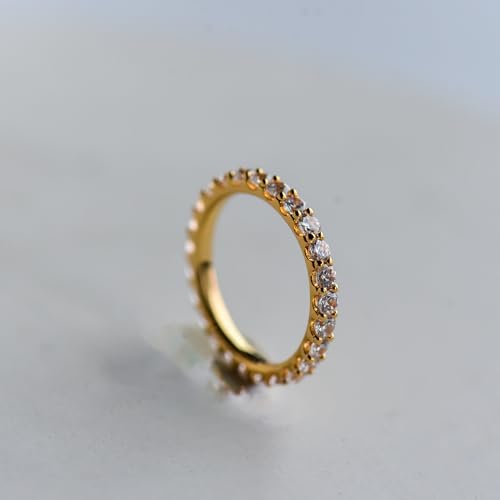 espere Womens Bezel Set Wedding Band | 14K Gold Plated Round Cut CZ Half Eternity Wedding Ring - color: Yellow Gold; Full Eternity Paved