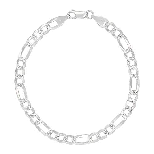 14K Gold or Rhodium Plated Silver Figaro Diamond Cut Pave Chain For Men | 1mm-13mm Thick | Solid 925 Figaro Italian Necklaces For Men - style: 5.50MM- White