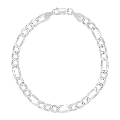 14K Gold or Rhodium Plated Silver Figaro Diamond Cut Pave Chain For Men | 1mm-13mm Thick | Solid 925 Figaro Italian Necklaces For Men - style: 5.50MM- White