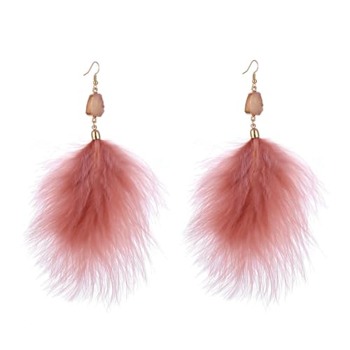 Feather Earrings for Women Boho Bohemian Style Tassel Fringe Statement Drop | Boho Tassel Fringe Statement Drop Earrings Dangle with Bohemian Vibe for Summer Beach Vacation Cruise Festival Outfit - color: Pink