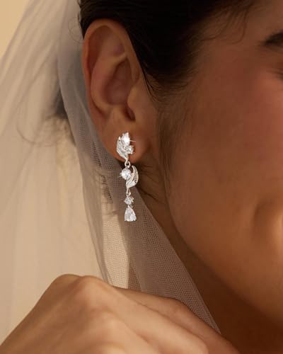 14K Gold Plated/Sterling Silver CZ Pearl Drop Dangle Earrings for Women - color: Silver-Flower CZ