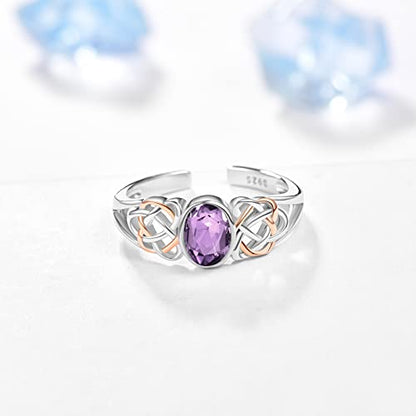 PRAYMOS 925 Sterling Silver Ring Birthstone Ring Turquoise Moss White Opal Ring for Women Celtic Knot Open Adjustable Thrumb Ring - color: Purple Amethyst