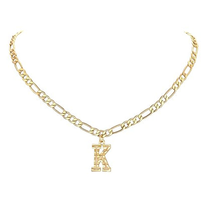 14K Gold Plated Initial Necklaces for Women Men A-Z Letter Necklaces | Figaro Chain, 16"+2" Adjustable Length, with Gift Box - style: K