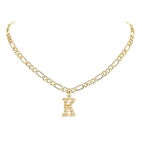 14K Gold Plated Initial Necklaces for Women Men A-Z Letter Necklaces | Figaro Chain, 16"+2" Adjustable Length, with Gift Box - style: K