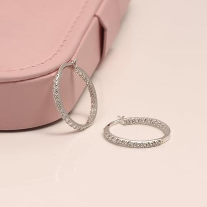 LeCalla 925 Sterling Silver Cubic Zirconia Hoop Earrings | Silver Small Chunky CZ Hoop Earrings | Hypoallergenic Round Click-Top Earring Hoops for Women - color: CZ Inside-Out -25MM