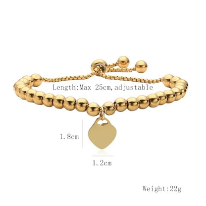 Trendy Heart Beads Bracelets For Elegant Women Adjustable 18K Gold Plated Stainless Steel Jewelry - color: gold heart beads