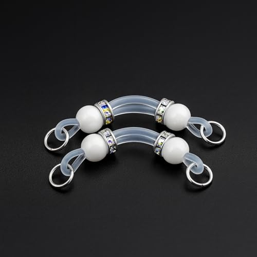 2 Pairs Non-Piercing Nipple Jewelry – Adjustable Silicone Rings with Silver & Gold Beads – Fake Nipple Piercing Look, Pain-Free Faux Nipple Rings for Unisex Adult Body Jewelry - color: White & Pink