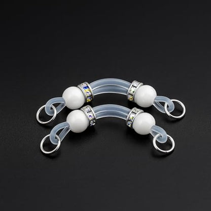 2 Pairs Non-Piercing Nipple Jewelry – Adjustable Silicone Rings with Silver & Gold Beads – Fake Nipple Piercing Look, Pain-Free Faux Nipple Rings for Unisex Adult Body Jewelry - color: White & Pink