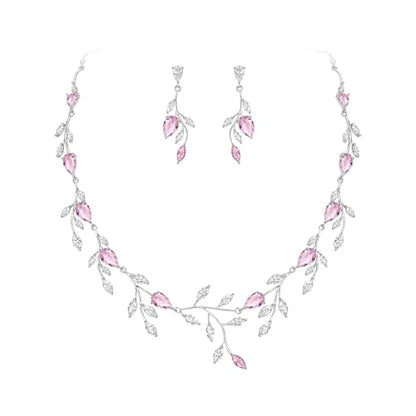 Cubic Zirconia Leaf Vine Wedding Jewelry Set for Bride Women Bridesmaid | Pear-Shaped Birthstone, Necklace Dangle Earrings for Bridesmaid, Silver-Plated-Brass - color: 2pcs_Pink