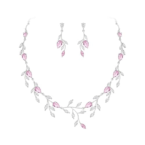 Cubic Zirconia Leaf Vine Wedding Jewelry Set for Bride Women Bridesmaid | Pear-Shaped Birthstone, Necklace Dangle Earrings for Bridesmaid, Silver-Plated-Brass - color: 2pcs_Pink
