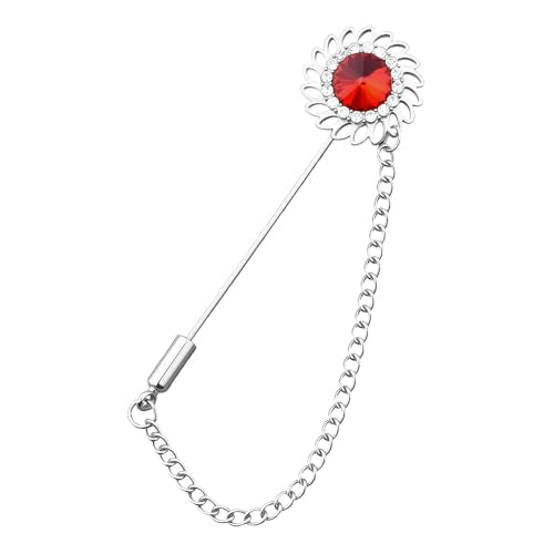 Mens Sunflower Lapel Pin Crystal Rhinestone Brooches for Men Hanging Chain Brooch Suit Pin Flower Lapel Pins for Men Wedding Business Party - color: Red-J