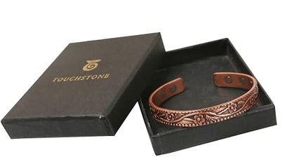 Touchstone magnetic copper bracelets for men women in gift box, engraved | 100% pure solid real adjustable bangle bracelet cuff jewelry; 12X ultra strength with 3500 gauss neodymium magnets; - style: Floral Wines Stems