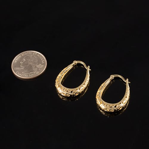 Silver Post Filigree Hoop Earrings for Women Hollow Oval Hoop Earrings | Hypoallergenic U Shaped Hoops Earring for Jewelry - color: A-14K Gold
