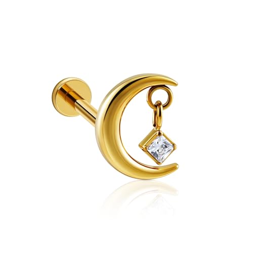 1PC ASTM F136 Titanium Mini Threadless Flat Back Stud 18G 6mm 8mm for Conch Helix Flat Tragus Labret - color: Moon - Gold