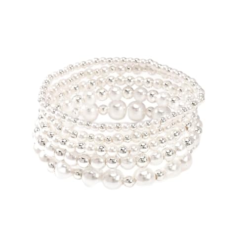 14K Gold Plated Beaded Bracelets Stack Set for Women,Stretch Boho Ball Jewelry Friendship Trendy - color: Silver pearl