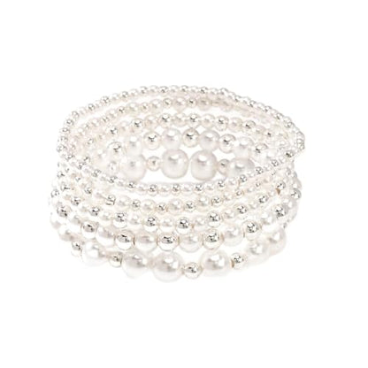 14K Gold Plated Beaded Bracelets Stack Set for Women,Stretch Boho Ball Jewelry Friendship Trendy - color: Silver pearl