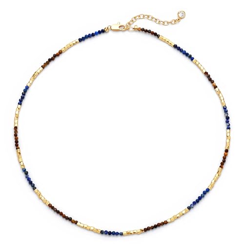MTMY Beaded Gemstone Choker Necklace for Women | 14K Gold Plated, Colorful Natural Stone, Bead Chain, Boho Summer Beach, Handmade Jewelry - color: Lapis Lazuli & Tiger's Eye