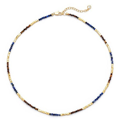 MTMY Beaded Gemstone Choker Necklace for Women | 14K Gold Plated, Colorful Natural Stone, Bead Chain, Boho Summer Beach, Handmade Jewelry - color: Lapis Lazuli & Tiger's Eye