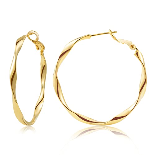 24K Gold Hoop Earrings for Women Trendy Real Gold Plated Twisted Thin Huggie Hoops, Dainty Cute Big Gold Filled Dangle Hoop Earrings Nickel Free Womens Earrings for Sensitive Ears Hypoallergenic - style: Gold 40mm