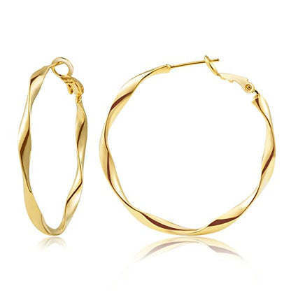 24K Gold Hoop Earrings for Women Trendy Real Gold Plated Twisted Thin Huggie Hoops, Dainty Cute Big Gold Filled Dangle Hoop Earrings Nickel Free Womens Earrings for Sensitive Ears Hypoallergenic - style: Gold 40mm