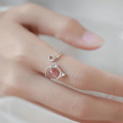 Adjustable Leaf Stackable Rings for Women Cubic Zirconia Stones Blue Leaves Purple Flower Open Band Stacking Finger Sliver Rings Fashion Plant Floral Aesthetic CZ Jewelry - color: pink cat