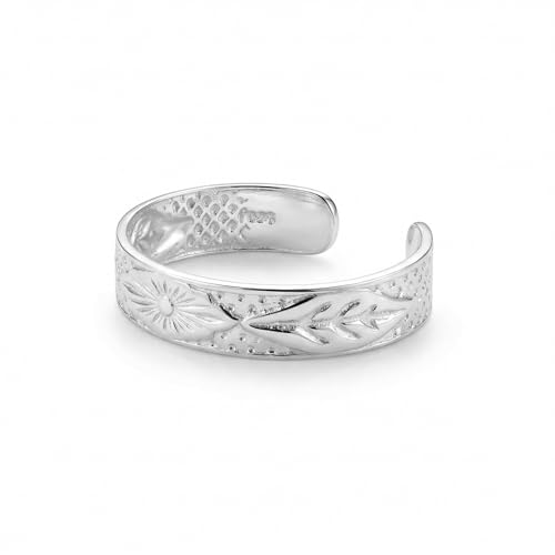 Sterling Silver Toe Ring, Adjustable Open Band, Handmade | Fits Toe, Knuckle or Pinky Ring | One Size Fits Most | Comfortable to Wear | Minimalist Style | Water Resistant - style: Floral Shiny Band