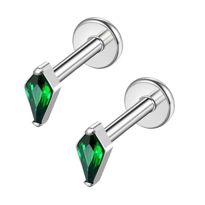 BelezaDosas G23 Hypoallergenic 18g Flat Back Studs Earrings F136 Implant Grade Titanium Tiny Press Fit Threadless Push in Cartilage Helix Labret Lip Conch Tragus Piercing Jewelry - style: BD-Rhombus-Green