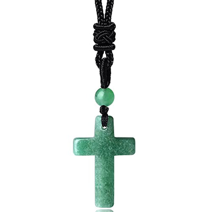 QINJIEJIE Cross Crystal Necklace Adjustable Black Rope Natural Gemstone Quartz Stone Necklaces for Men Women Father's Day Gift - color: Green - aventurine