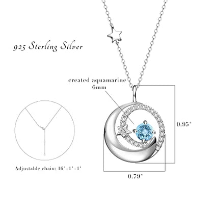 FANCIME Birthstone Necklaces 925 Sterling Silver Moon and Star Pendant Fine Jewelry Birthday Mothers Day Gifts for Mom Wife Her Daughter, Adjustable Chain 16+2" - color: Mar.- Aquamarine