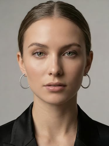 FAN&LOUIS 24K Gold Plated Hoop Clip On Earrings for Women, Gold Beaded Hoop Trendy Hypoallergenic Non Pierced Earrings Painless Lightweight 38mm Clip-On Earrings - style: Silver