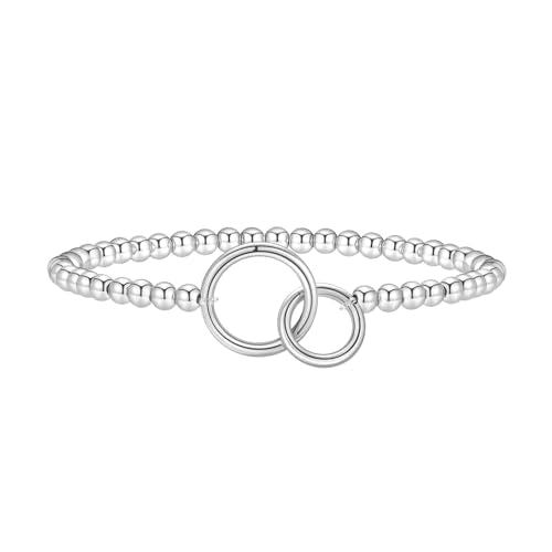Beaded Bracelets for Women 14K Silver Gold Plated Stretch Handmade Ball Bracelets Cute Charm Bracelet Dainty Stackable Cross Heart Bow Wave CZ Circle Trendy Jewelry Easter Gifts - color: double-circle-silver