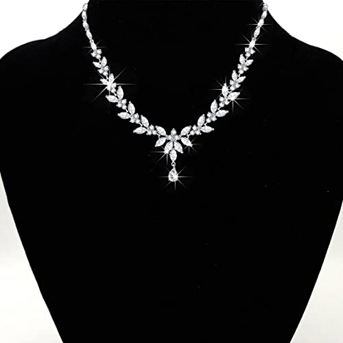 Jewelry Set for Women, Cubic Zirconia Necklace Dangle Earrings & Bracelet Jewelry Set for Bride Bridesmaid Wedding Engagement Prom Party - style: Silver-Necklace+Earrings