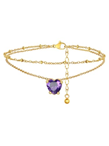 FindChic Bling Heart Birthstone Anklets Layered Beaded Ankle Bracelets for Women Gold/Black/Silver 12 Month Gem Colors Foot Chain Summer Jewelry for Girls, with Gift Box - color: Gold, style: 02. Feb.-Created Amethyst(Prong Setting)
