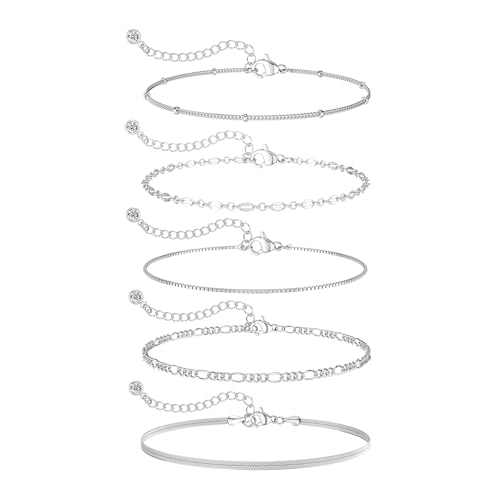 Dainty 14K Gold Plated Bracelets for Women Waterproof, Non Tarnish Gold Jewelry Sets, Thin Stackable Link Paperclip Chain Bracelet Pack Fashion Accessories Gifts for Womens - style: 5Pcs BRACELET SET-07