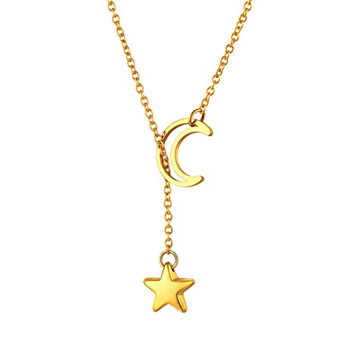 FOCALOOK Heart Lariat Necklaces for Women, Long Slip Chain Necklace | Hypoallergenic 316L Stainless Steel Silver/Black/Gold Plated, Front Slider Closure, Non Tarnish, Layered look, Everyday Wear - color: 17:Gold Star Moon
