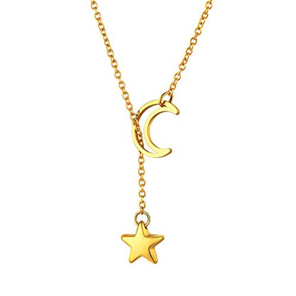 FOCALOOK Heart Lariat Necklaces for Women, Long Slip Chain Necklace | Hypoallergenic 316L Stainless Steel Silver/Black/Gold Plated, Front Slider Closure, Non Tarnish, Layered look, Everyday Wear - color: 17:Gold Star Moon