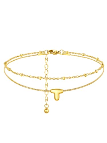 ChainsProMax Initial Ankle Bracelets for Women, Waterproof Anklets Bracelet Adjustable Summer Beach Women Foot Jewelry, Stainless Steel/Gold Plated-Send Gift Box/Letter A-Z - color: Gold Plated-T