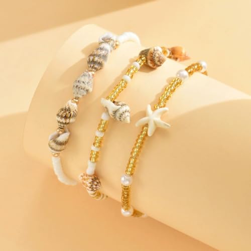 DATOA Boho Ankle Bracelets Set for Women Layered Beaded Seashell Turtle Conch Foot Chain Hawaiian Summer Beach Anklet Vacation Jewelry - color: 3Pcs White