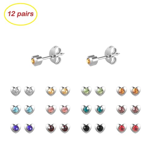 12 Pairs Ear Piercing Stud Earrings for Ear Piercing Guns, Surgical Stainless Steel Multicolor Round Heart Star Cubic Zirconia Birthstone Stud Earrings Set - style: Silver heart 4mm